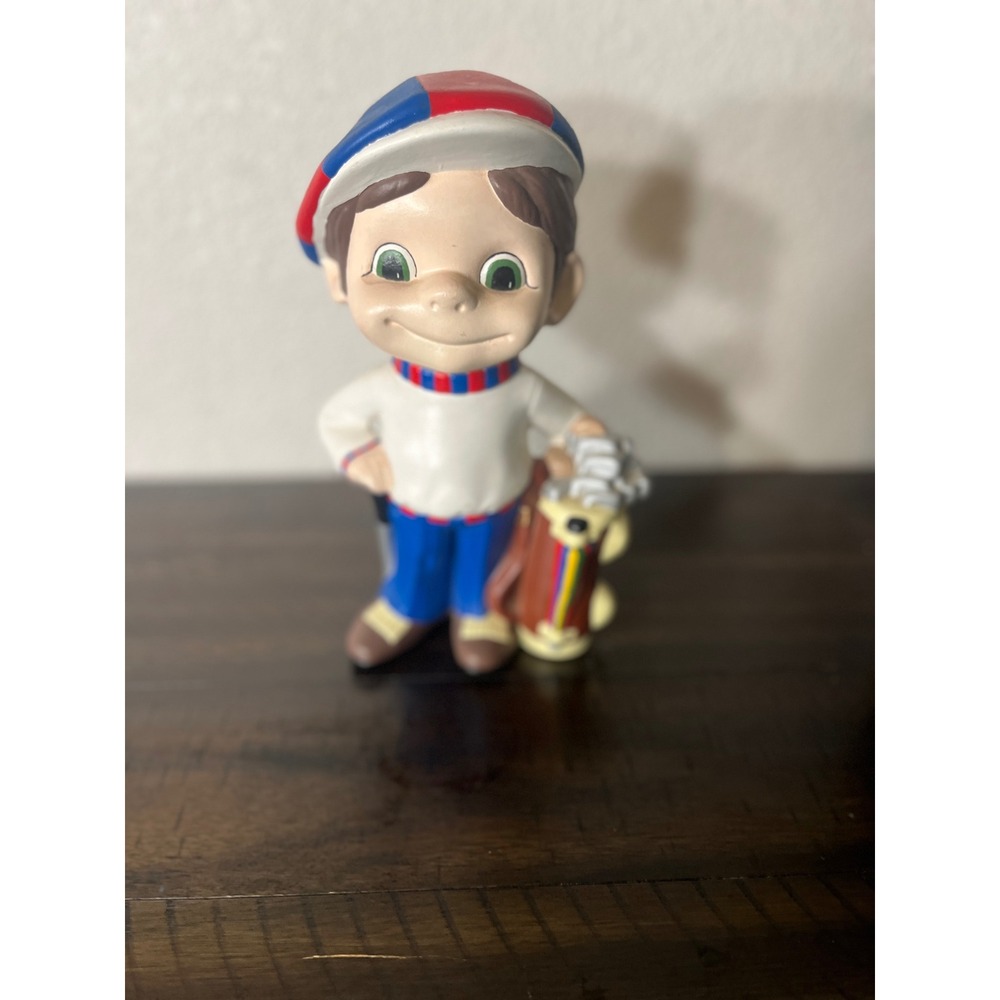 Ed Lay Ceramic Golfer Boy Figurine Red Blue White Golf Bag 1983 Signed Vintage